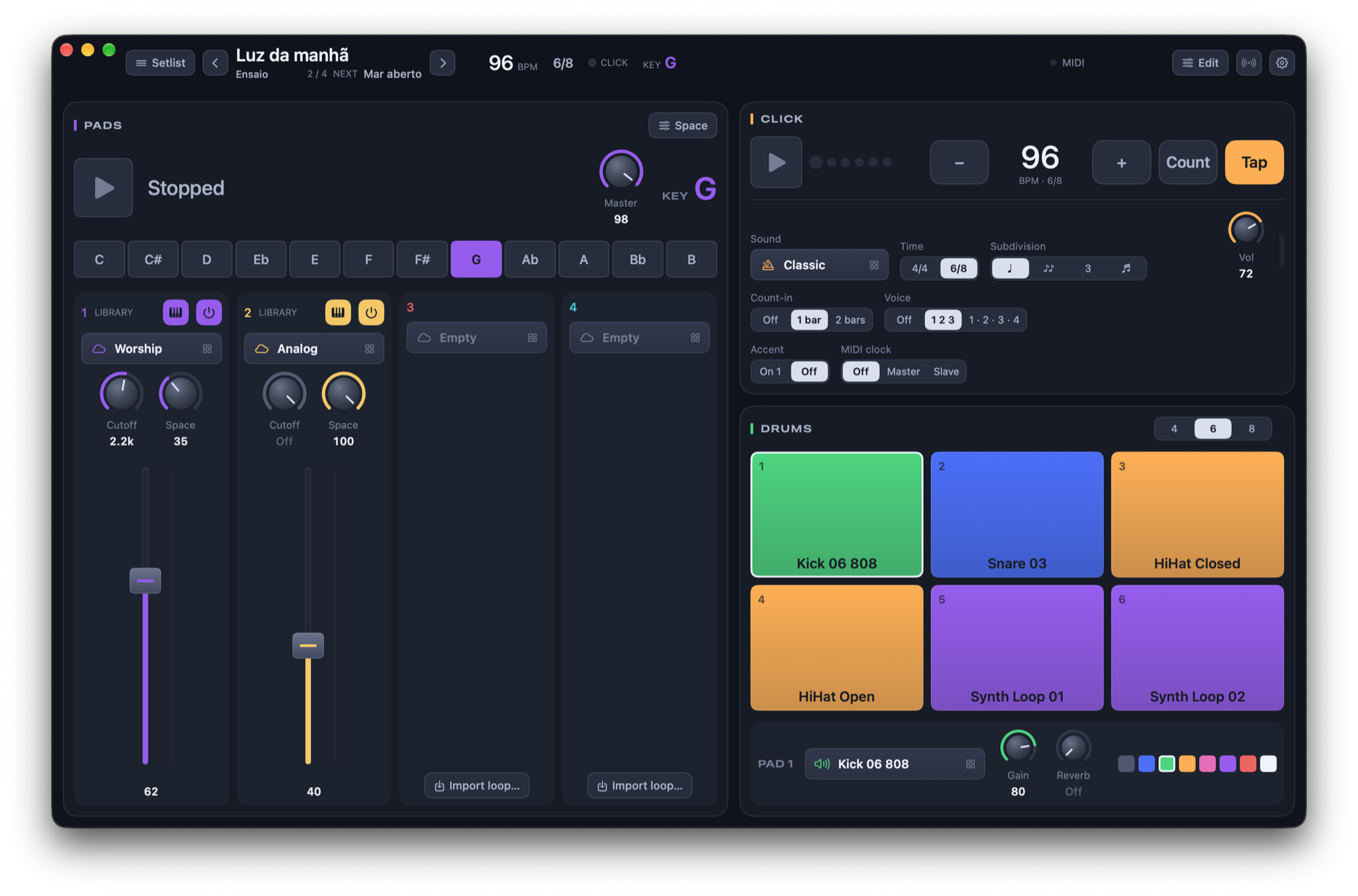 Janela do StageKeys Play com pads em Sol, click a 96 BPM e pads de bateria.