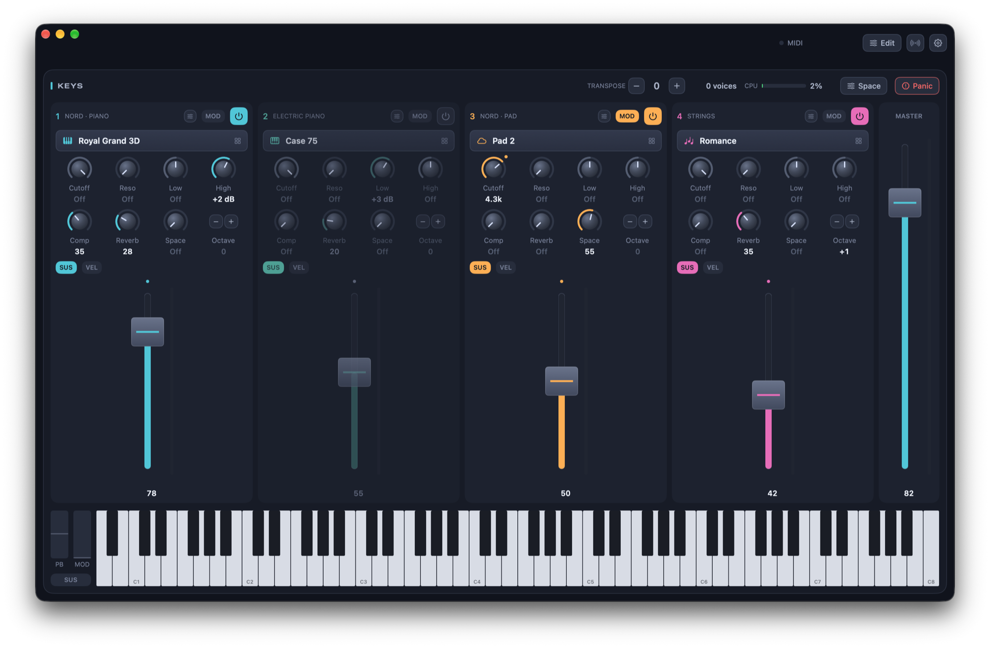 Janela do StageKeys com quatro camadas de timbres: piano, piano elétrico, pad e cordas.